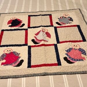 Vintage Baby Blanket Quilted Raggedy Ann Red Cream Blue, Reversible To Stripe